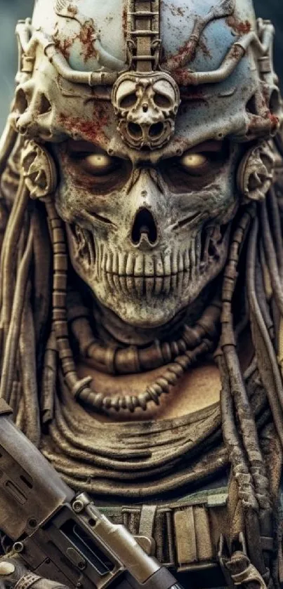 Futuristic skull warrior with intricate armor and eerie atmosphere.