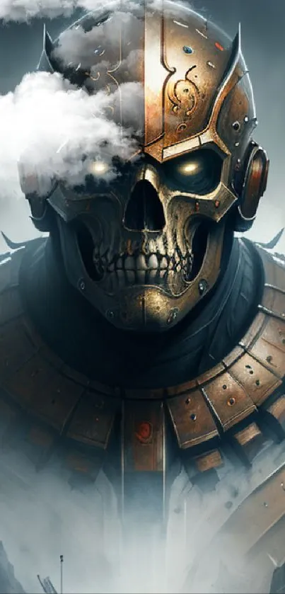 Futuristic metallic skull warrior with glowing eyes and intricate armor.