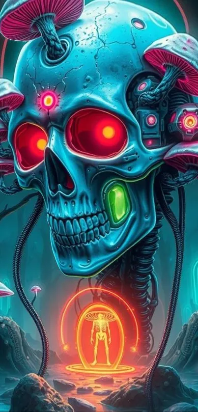 Futuristic skull with mushrooms glowing.