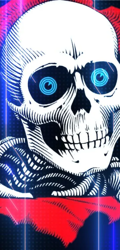 Futuristic skull with neon blue eyes and red accents on a digital-themed wallpaper.