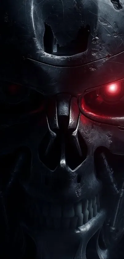 Dark metallic skull with glowing red eyes.