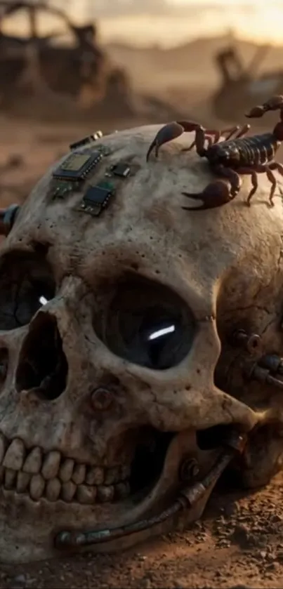Futuristic skull with scorpion in a desert setting.