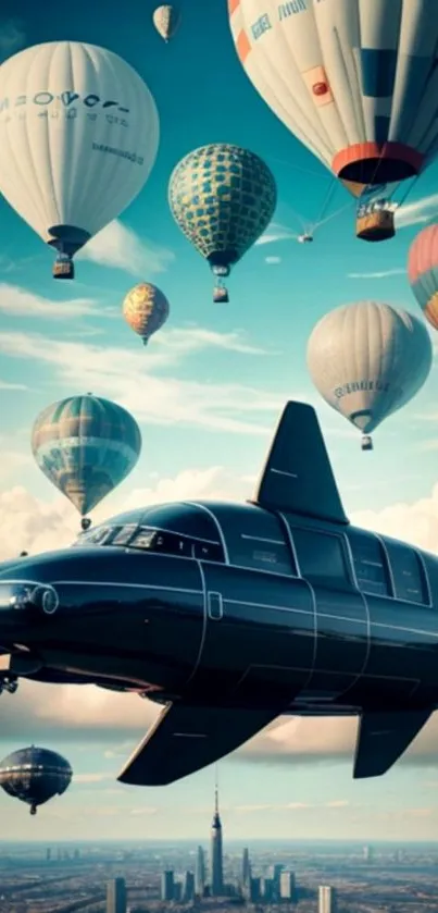 Futuristic airship and hot air balloons over city.