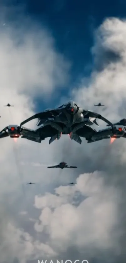 Futuristic fighter jets soaring in a cloudy sky.