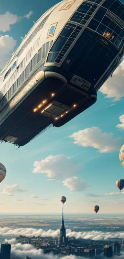 Futuristic cityscape with airship and balloons against a blue sky.