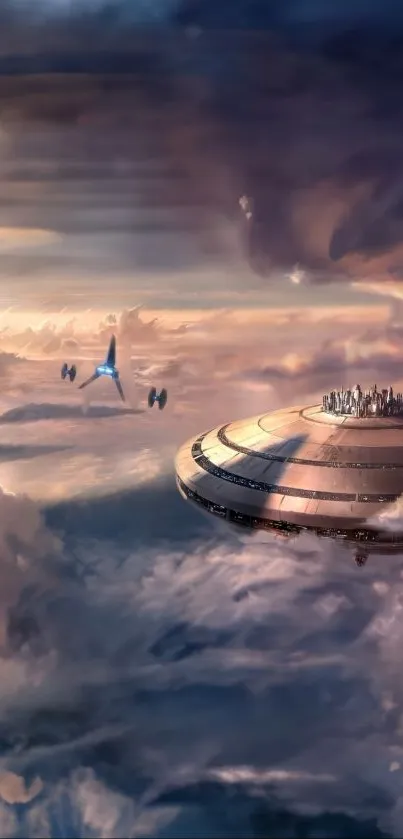 Futuristic sky cityscape with spaceship amidst clouds.