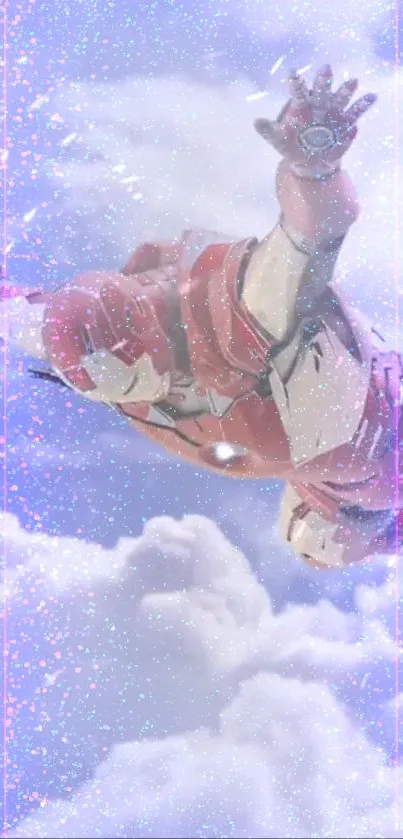 Armored hero flying through a vibrant cloudy sky.