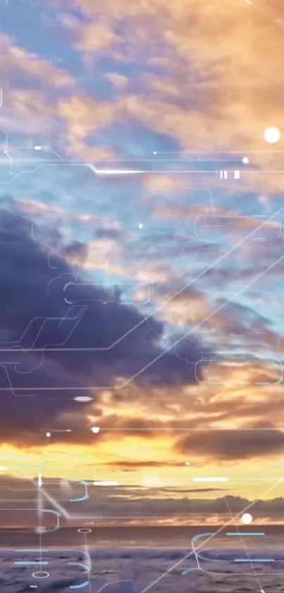 Futuristic sky with clouds and digital designs, perfect for mobile wallpaper.