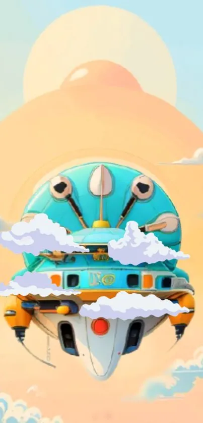 Futuristic floating machine in a colorful sky with clouds.