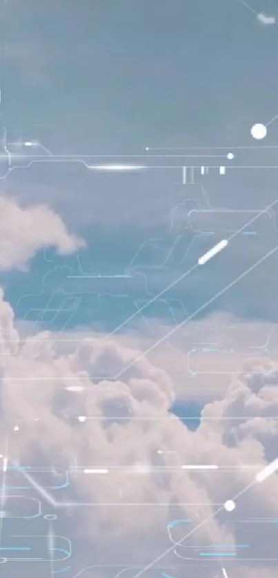 Futuristic sky wallpaper with clouds and digital overlay.