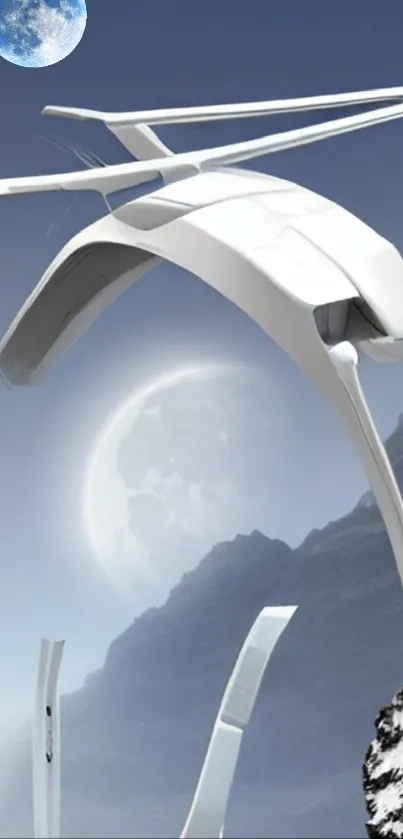 Futuristic sky structure with moon and mountains, modern abstract wallpaper.