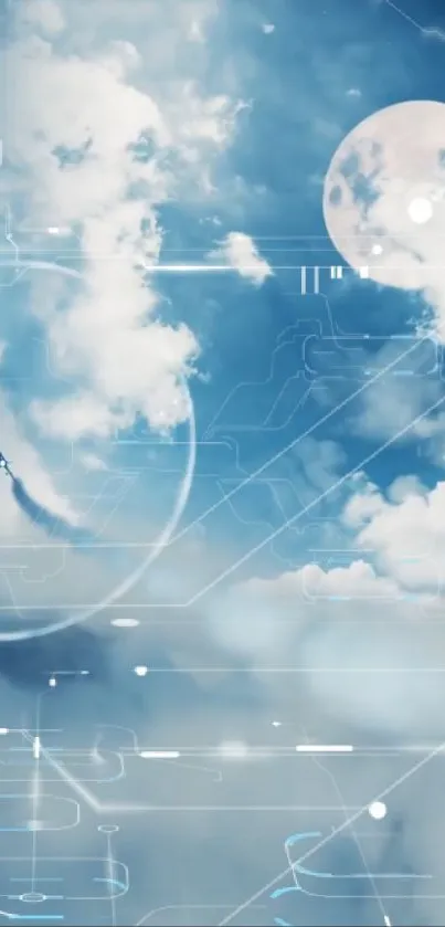 Futuristic sky wallpaper with clouds and tech elements in blue tones.