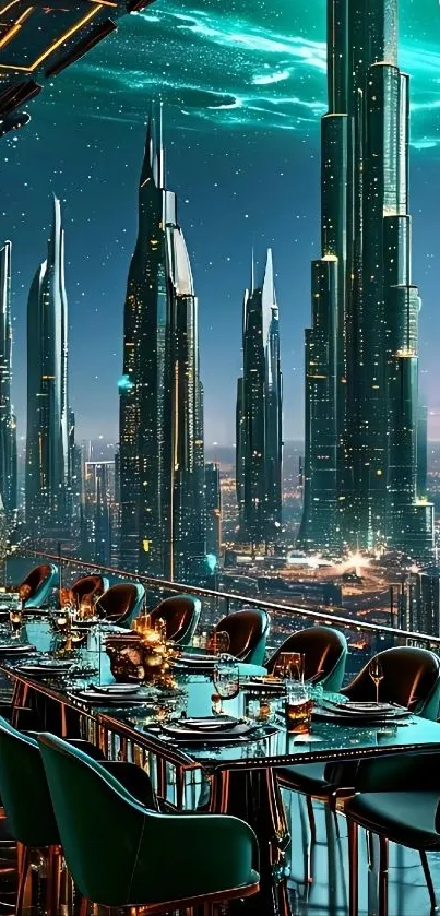 Futuristic skyscrapers with luxurious dining setup under starlit sky.
