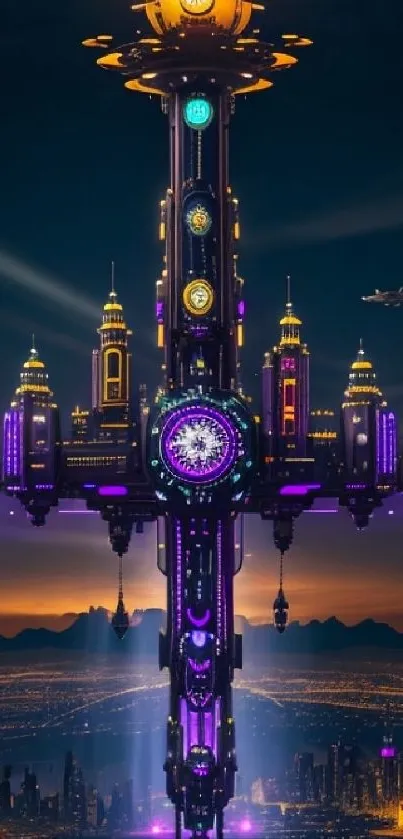 Futuristic cityscape with vibrant colors and intricate designs.