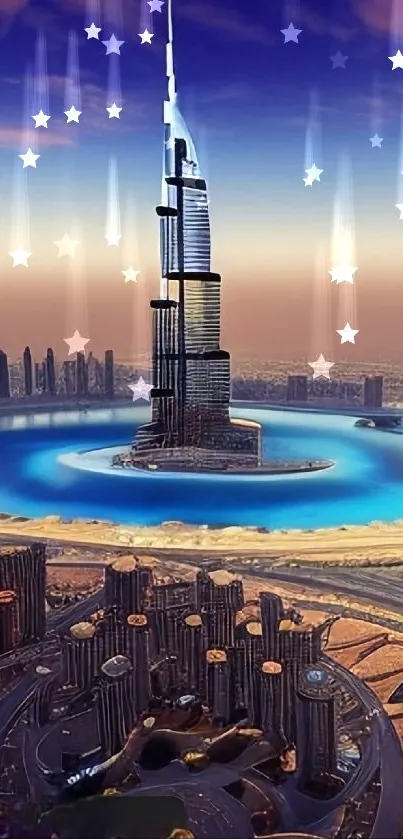 Futuristic skyscraper by a vibrant waterfront skyline.