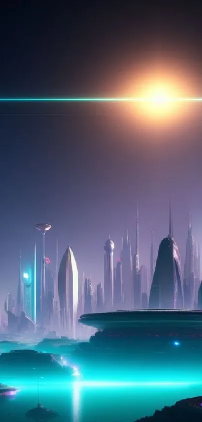 Futuristic cityscape wallpaper with a glowing sun.