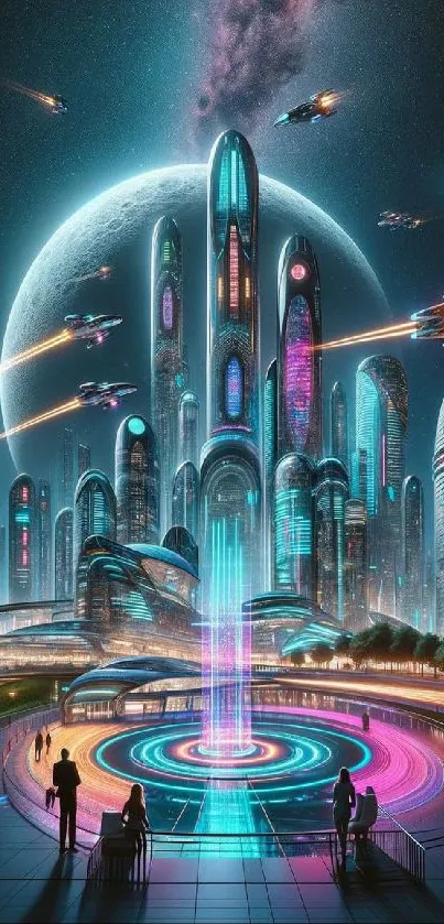 Futuristic cityscape with neon lights and cosmic background.