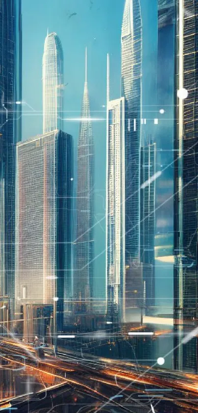 Futuristic cityscape with tall skyscrapers and urban skyline.