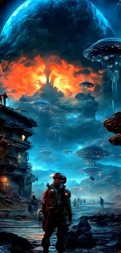 Futuristic sci-fi cityscape with a fiery sky.