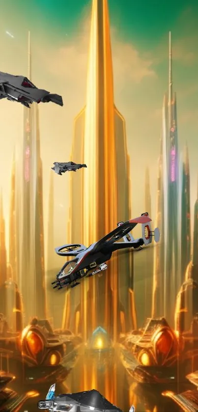 Futuristic city skyline with flying vehicles in gold tones.