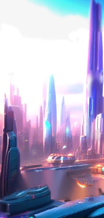 Futuristic city skyline with pink hues and towering skyscrapers.