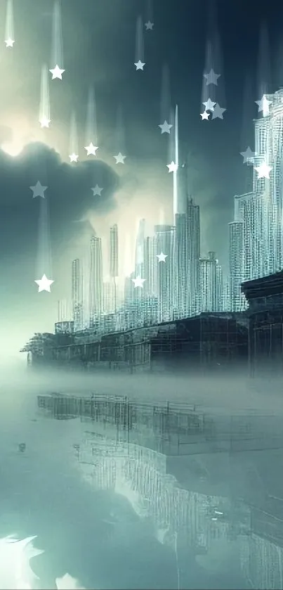 Futuristic skyline with misty reflections and towering skyscrapers.