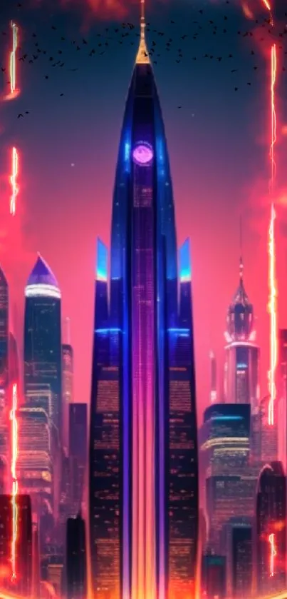 Futuristic city skyline with vibrant colors and high-rise buildings in fiery orange glow.