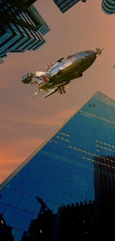 Futuristic airship flying over city skyscrapers at sunset.