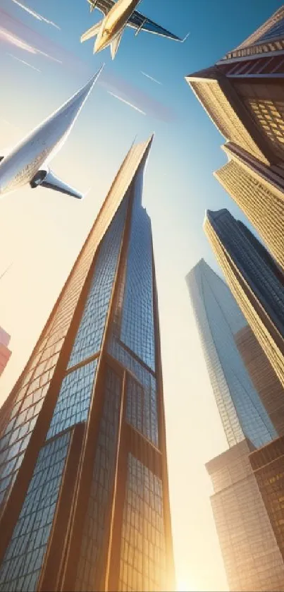 Futuristic skyscraper wallpaper with jets flying above modern buildings against a blue sky.