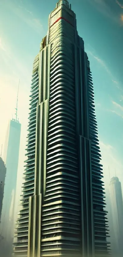 Futuristic skyscraper with sky background, tall and sleek structure.