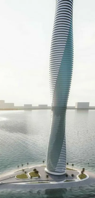 Futuristic spiral skyscraper on serene water backdrop.