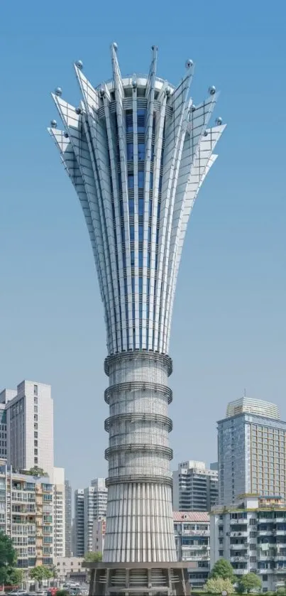 Futuristic skyscraper against a clear blue sky.