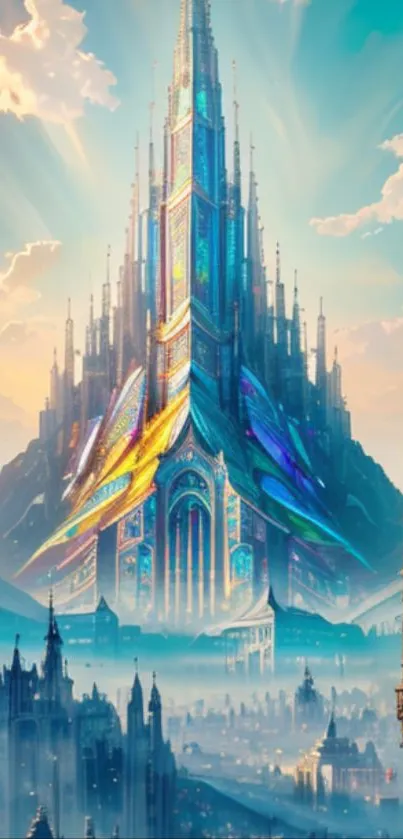 Futuristic cityscape with a vibrant, skyward spire in a fantasy setting.