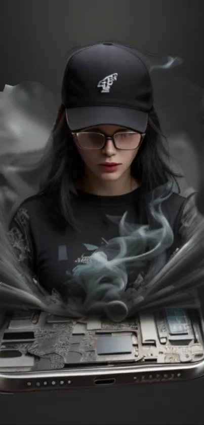 Futuristic woman emerging from smartphone with digital smoke effects.