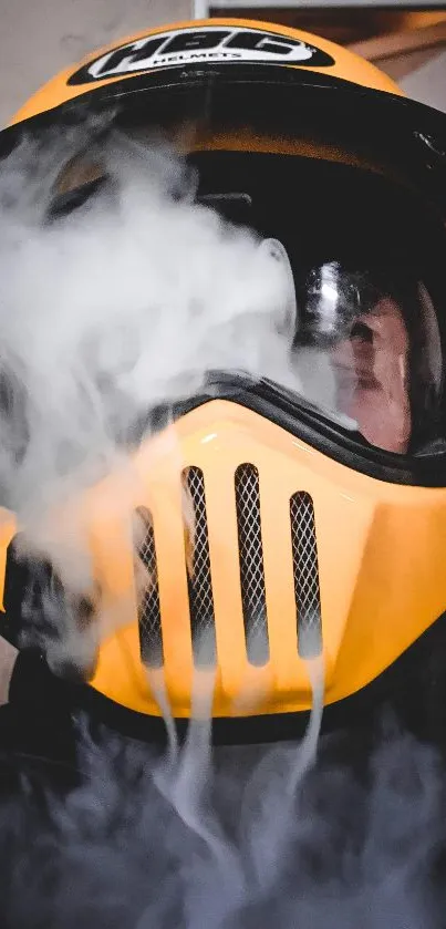 A yellow helmet with smoke for a dynamic mobile wallpaper.