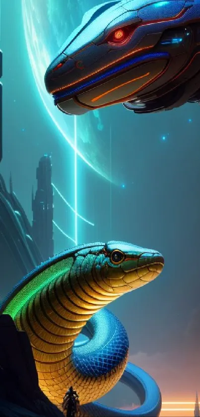 Futuristic robotic snake under a glowing moon with vivid colors and sci-fi elements.