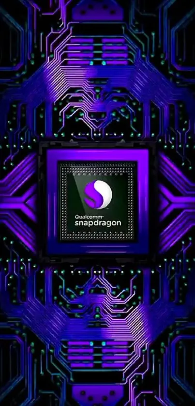 Futuristic Snapdragon circuit design wallpaper in electric purple.