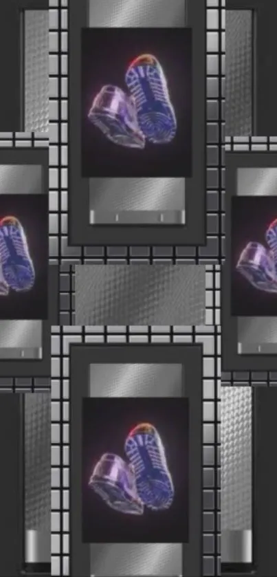 Digital wallpaper featuring futuristic sneakers with a metallic background design.