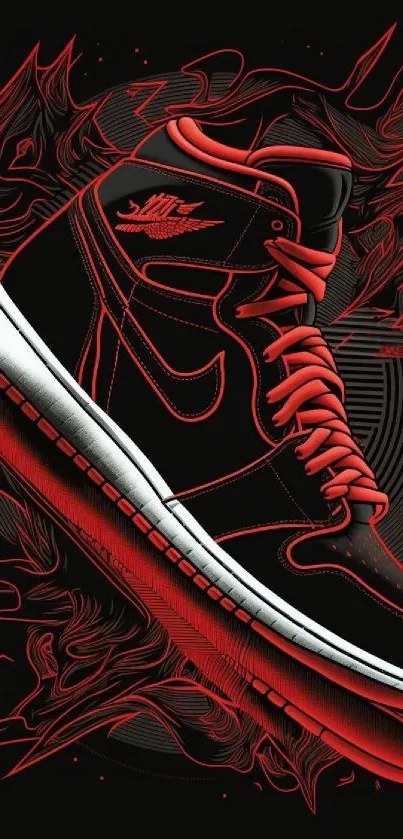 Futuristic sneaker art with red accents on black background.