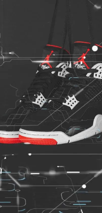 Futuristic sneaker wallpaper featuring black and red high-tops on a digital background.