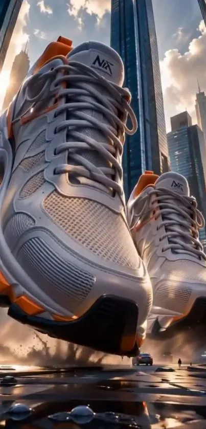 Futuristic sneakers towering over an urban cityscape.