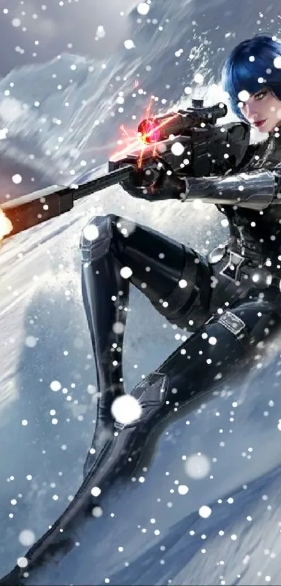 Futuristic heroine with sniper rifle in snowy action scene.