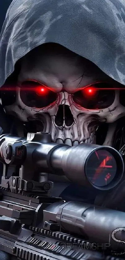 Futuristic skull with sniper rifle and glowing red eyes in dark theme.