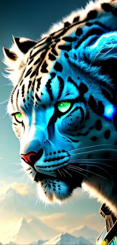 Futuristic snow leopard with neon glow and mountain background.