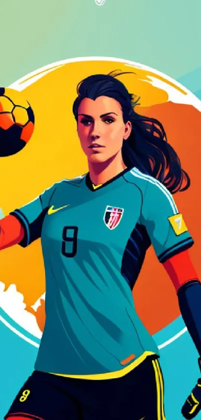 Futuristic female soccer player holds ball in vibrant artwork.