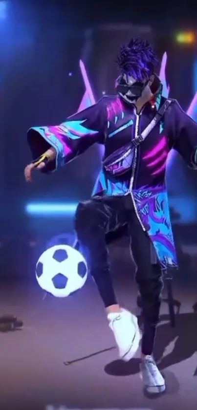 Futuristic neon-clad soccer player kicking a soccer ball.