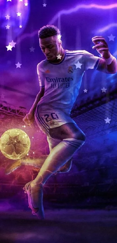 Soccer player in a neon-lit futuristic stadium with a purple and blue color theme.