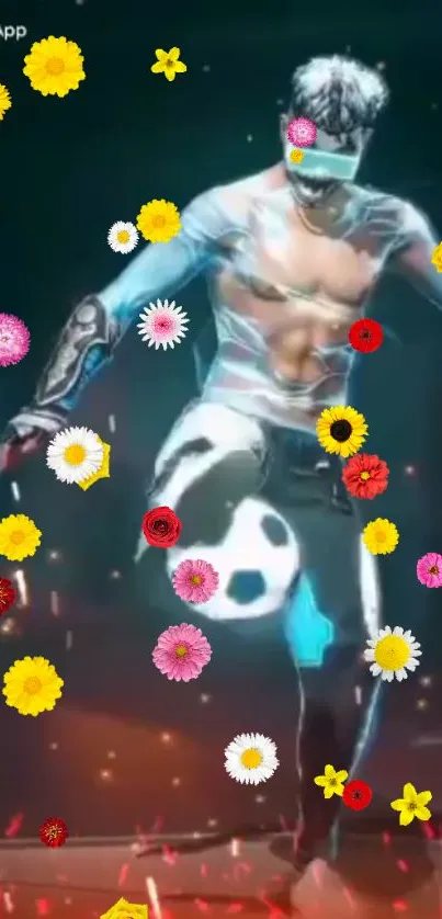 Futuristic soccer player surrounded by colorful flowers.