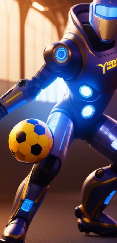 Futuristic robot playing soccer with blue neon lights.