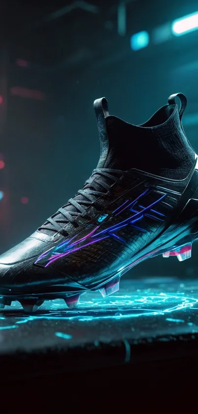 Futuristic soccer shoe on neon blue background.